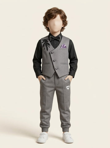 MW063 - Boys Grey Embellished Waistcoat Pant Set with Shirt & Bow Tie - 1 to 8 Years (Grey)
