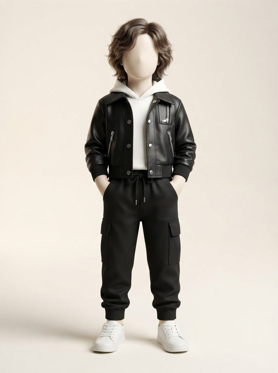 MW142 - Boys Faux Leather Jacket, Hoodie & Cargo Pant 3-Piece Set - 1 to 5 Years