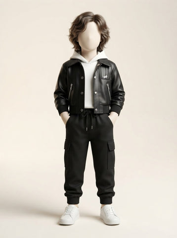 MW142 - Boys Faux Leather Jacket, Hoodie & Cargo Pant 3-Piece Set - 1 to 5 Years