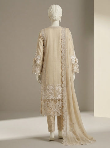ZW026 - Women Beige Embroidered 3PC Formal Suit - Luxury Collection