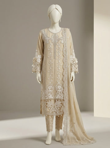 ZW026 - Women Beige Embroidered 3PC Formal Suit - Luxury Collection