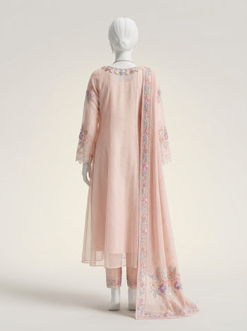 ZW025 - Women Tea Pink Embroidered 3PC Formal Suit - Luxury Collection