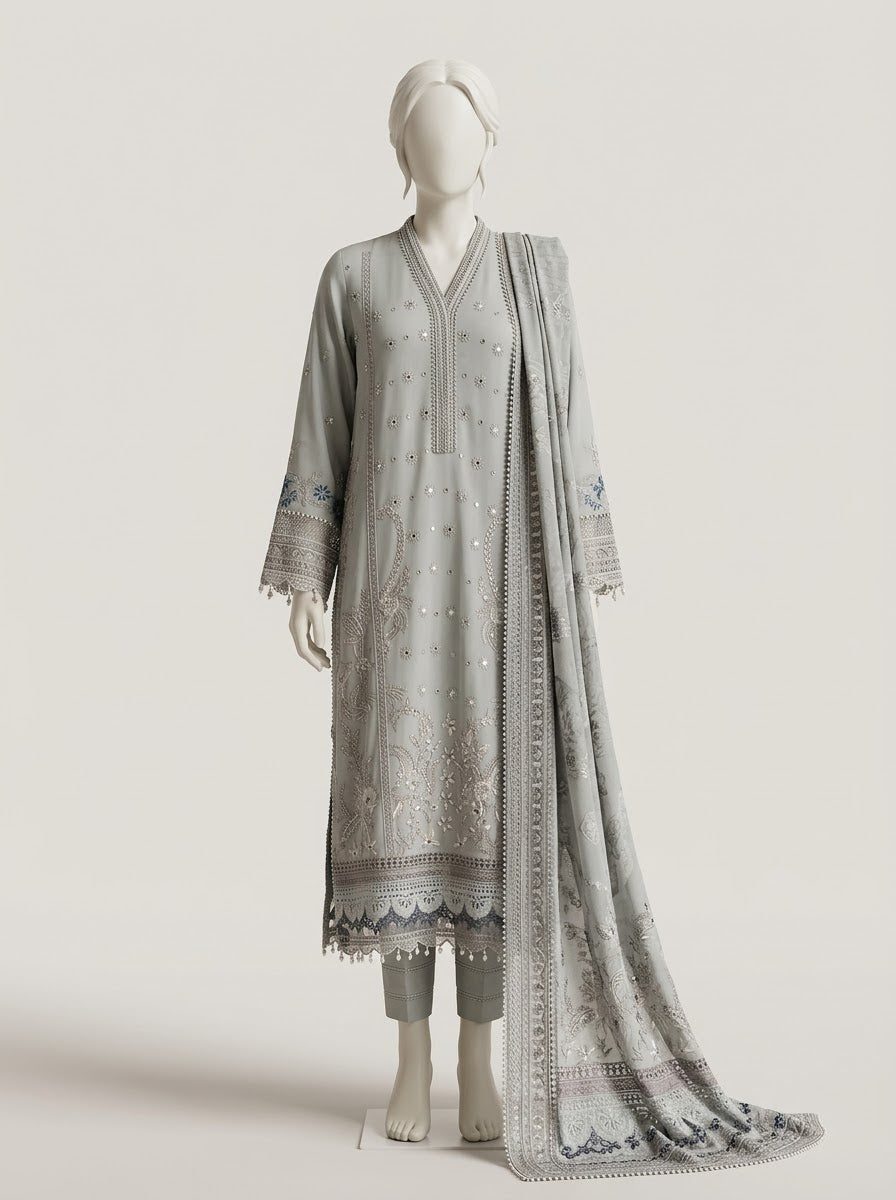 ZW031 - Women Grey Embroidered 3PC Formal Suit - Luxury Collection (Grey)