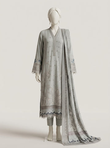 ZW031 - Women Grey Embroidered 3PC Formal Suit - Luxury Collection (Grey)