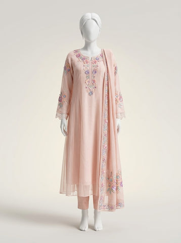 ZW025 - Women Tea Pink Embroidered 3PC Formal Suit - Luxury Collection