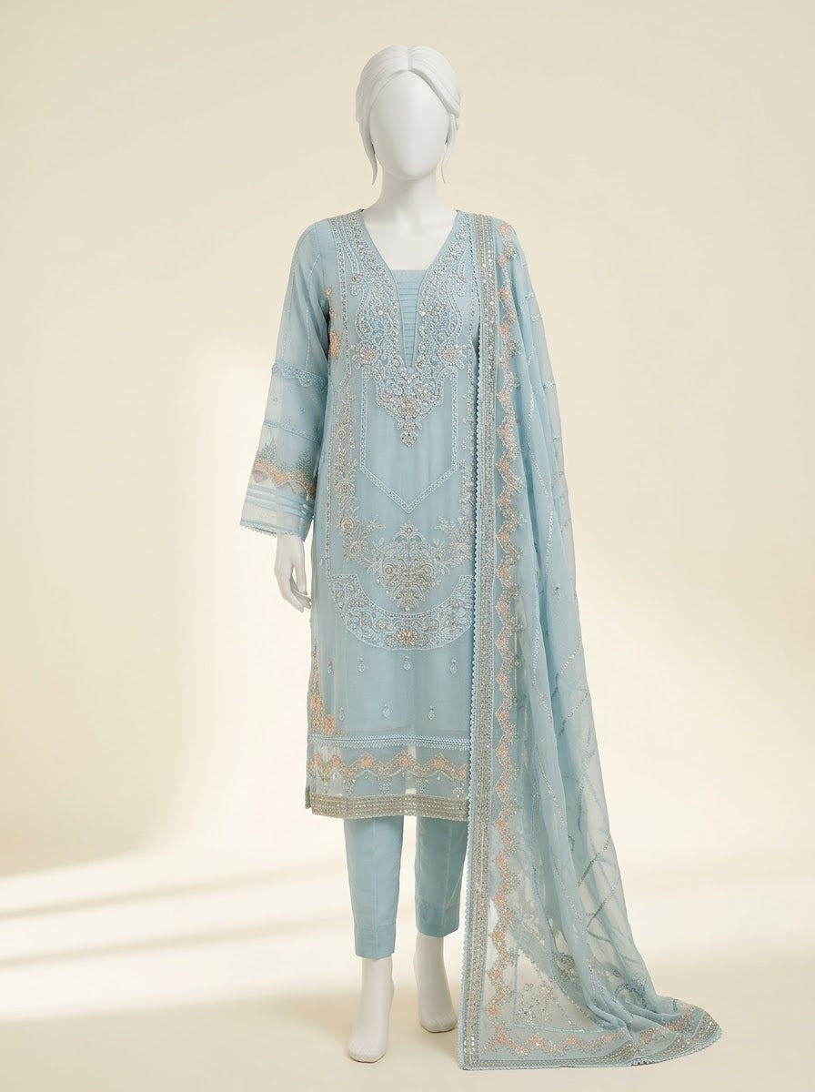 ZA007 - Women Ice Blue Embroidered 3PC Formal Suit - Luxury Collection