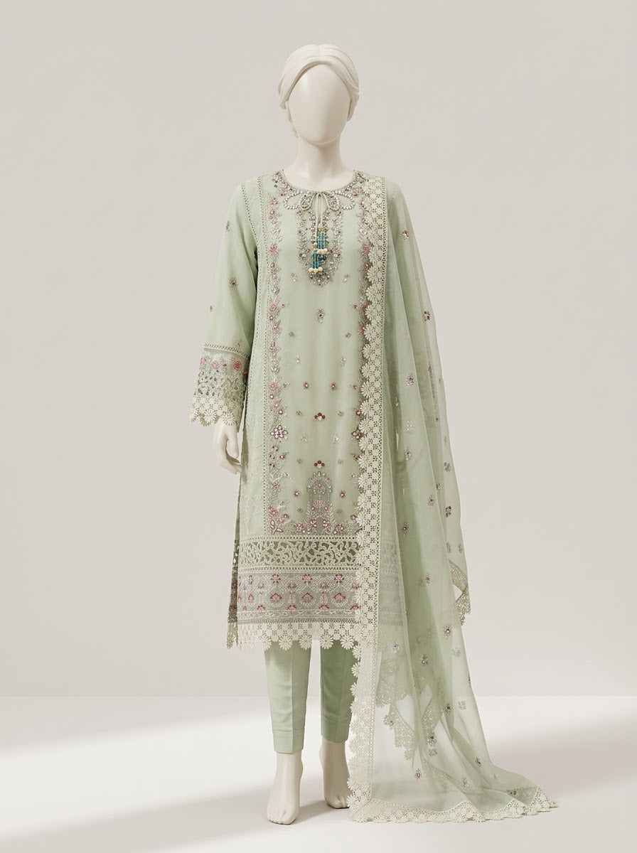 ZA162 - Women Mint Green Embroidered 3PC Formal Suit - Luxury Collection