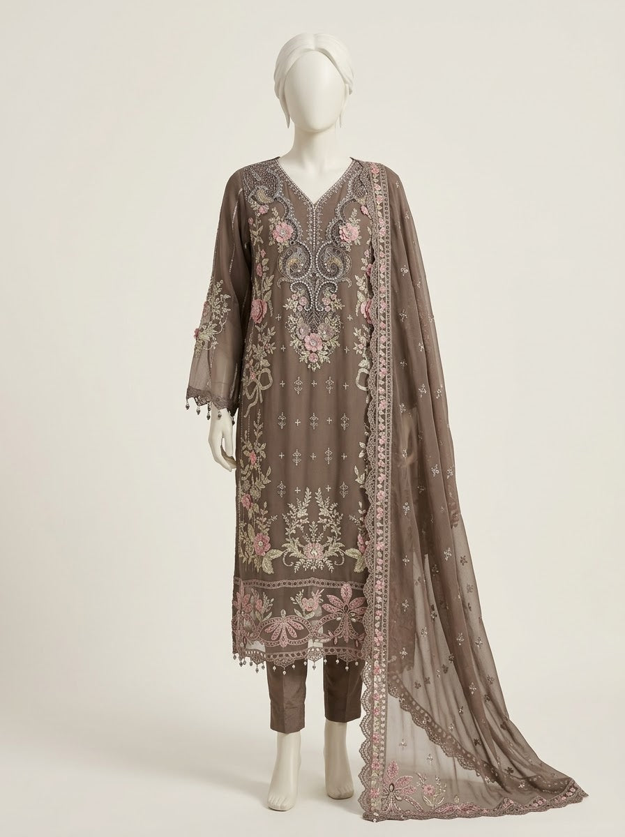 ZA175 - Women Mocha Brown Embroidered 3PC Formal Suit - Luxury Collection