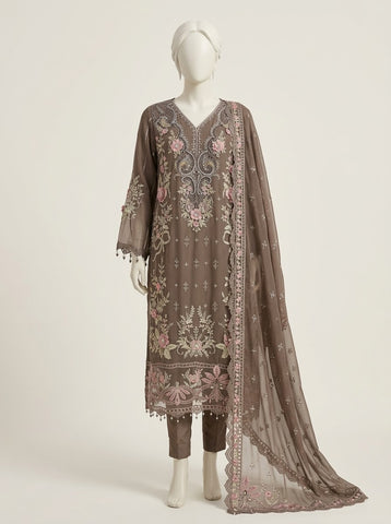ZA175 - Women Mocha Brown Embroidered 3PC Formal Suit - Luxury Collection