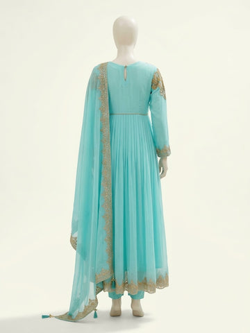 ZA053 - Women Ferozi Embroidered Pleated Frock 3PC Formal Suit - Luxury Collection