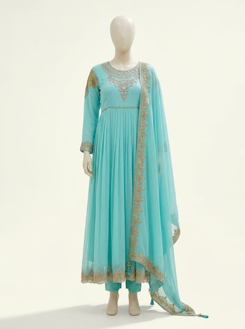 ZA053 - Women Ferozi Embroidered Pleated Frock 3PC Formal Suit - Luxury Collection