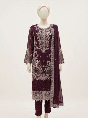 ZW036 - Women Plum Embroidered 3PC Formal Suit - Luxury Collection
