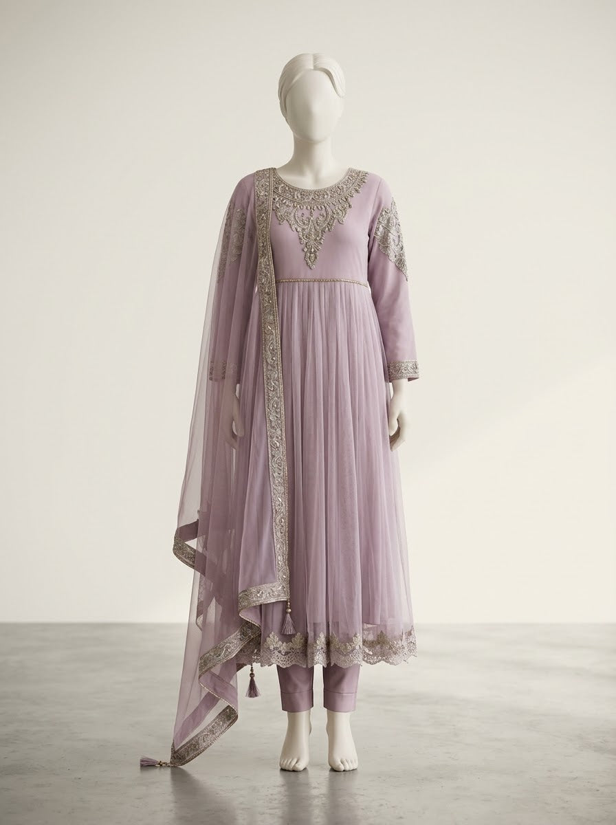 ZA053 - Women Lilac Embroidered Pleated Frock 3PC Formal Suit - Luxury Collection (Lilac)
