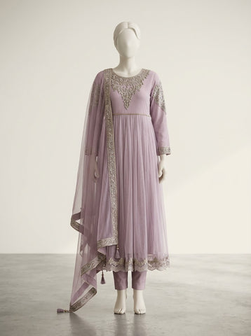 ZA053 - Women Lilac Embroidered Pleated Frock 3PC Formal Suit - Luxury Collection (Lilac)