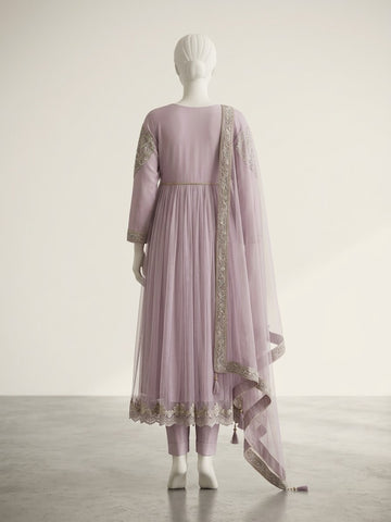 ZA053 - Women Lilac Embroidered Pleated Frock 3PC Formal Suit - Luxury Collection (Lilac)