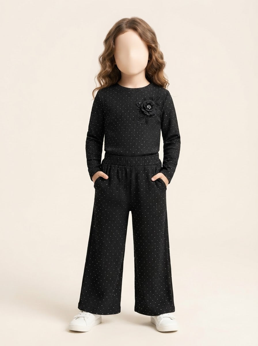 Girls Ribbed Flower Applique Top & Wide-Leg Pant Set - 3 to 10 Years