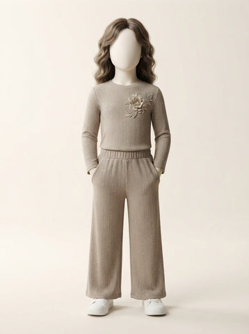 Girls Ribbed Flower Applique Top & Wide-Leg Pant Set - 3 to 10 Years