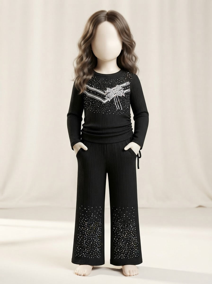 Girls Bow Stone Work Ribbed Top & Wide-Leg Pant Set - 3 to 10 Years