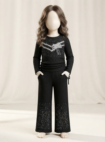Girls Bow Stone Work Ribbed Top & Wide-Leg Pant Set - 3 to 10 Years
