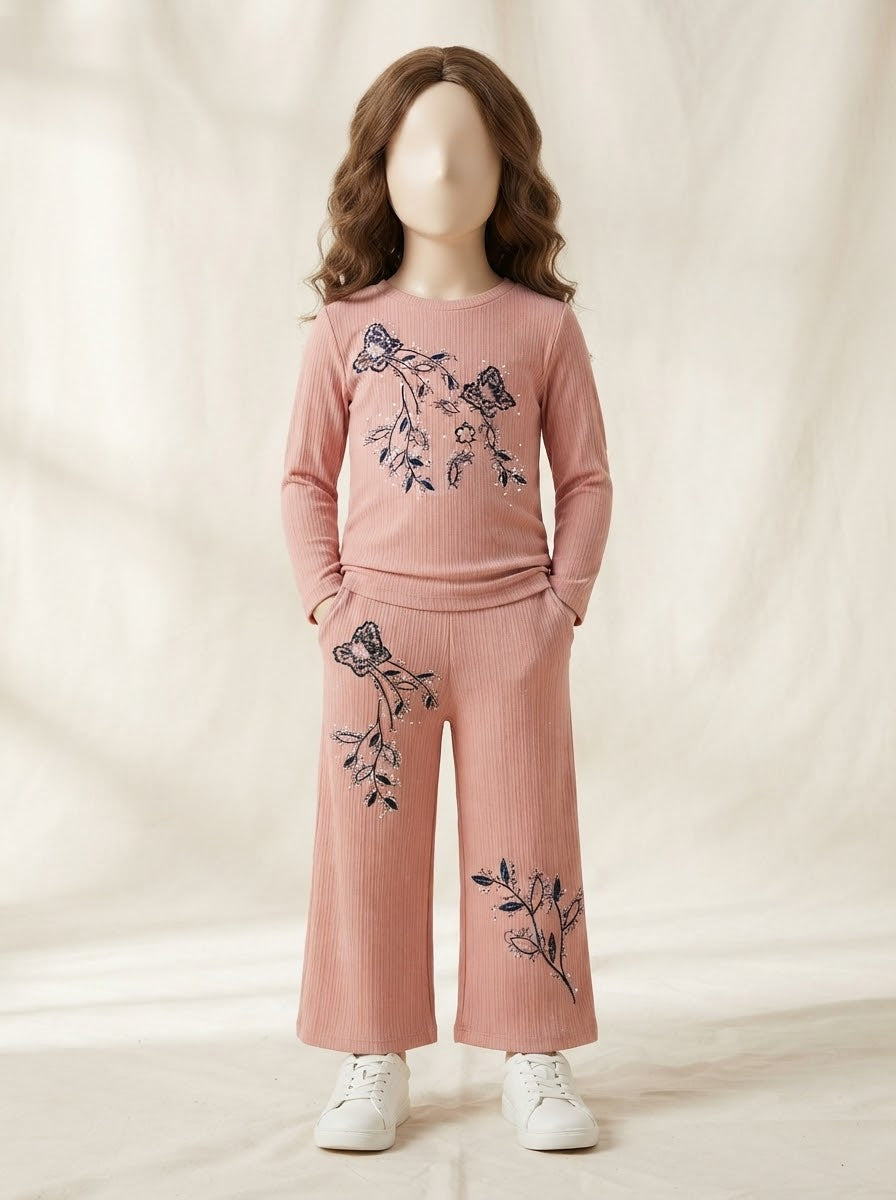 Girls Butterfly Embroidered Ribbed Top & Wide-Leg Pant Set - 3 to 10 Years