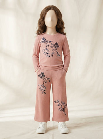 Girls Butterfly Embroidered Ribbed Top & Wide-Leg Pant Set - 3 to 10 Years