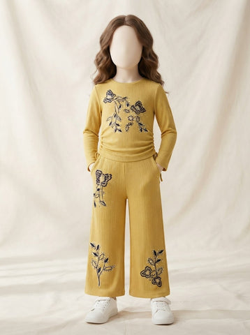 Girls Butterfly Embroidered Ribbed Top & Wide-Leg Pant Set - 3 to 10 Years