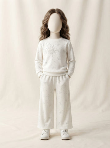 Girls Ribbed Flower Applique Top & Wide-Leg Pant Set - 3 to 10 Years