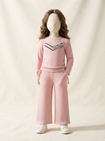 Girls Bow Stone Work Ribbed Top & Wide-Leg Pant Set - 3 to 10 Years