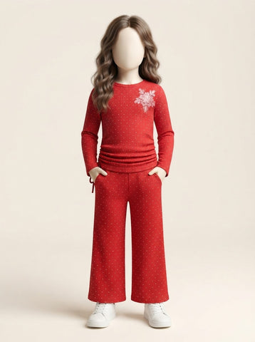 Girls Ribbed Flower Applique Top & Wide-Leg Pant Set - 3 to 10 Years