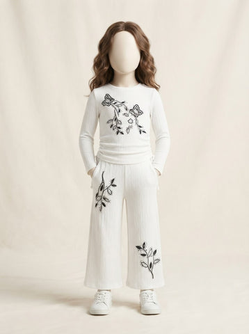 Girls Butterfly Embroidered Ribbed Top & Wide-Leg Pant Set - 3 to 10 Years