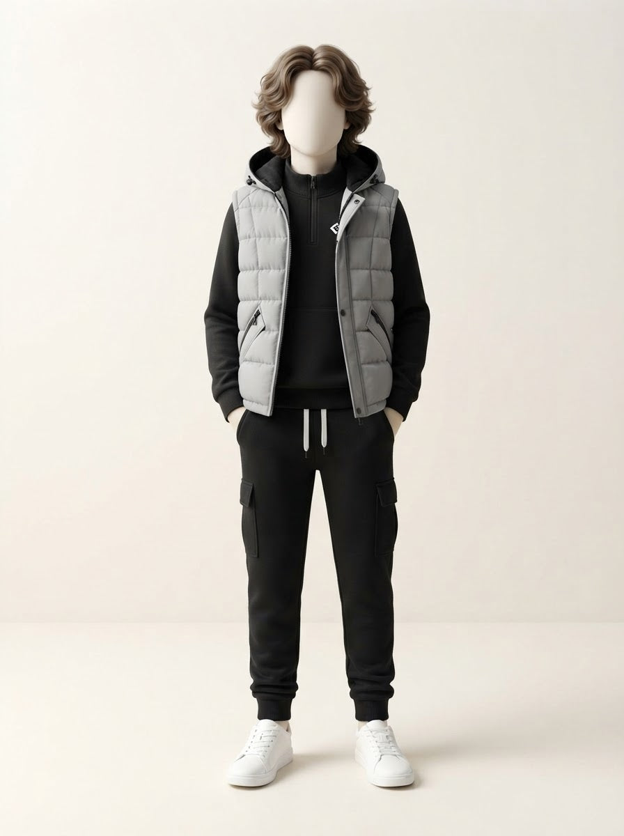 Boys Fur Lined Hooded Puffer Vest, Half-Zip Sweater & Cargo Trouser 3-Piece Set - 10 to 16 Years