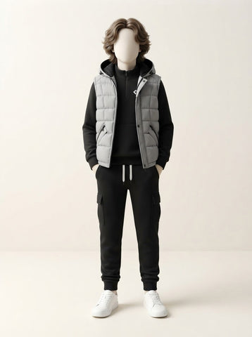Boys Fur Lined Hooded Puffer Vest, Half-Zip Sweater & Cargo Trouser 3-Piece Set - 10 to 16 Years
