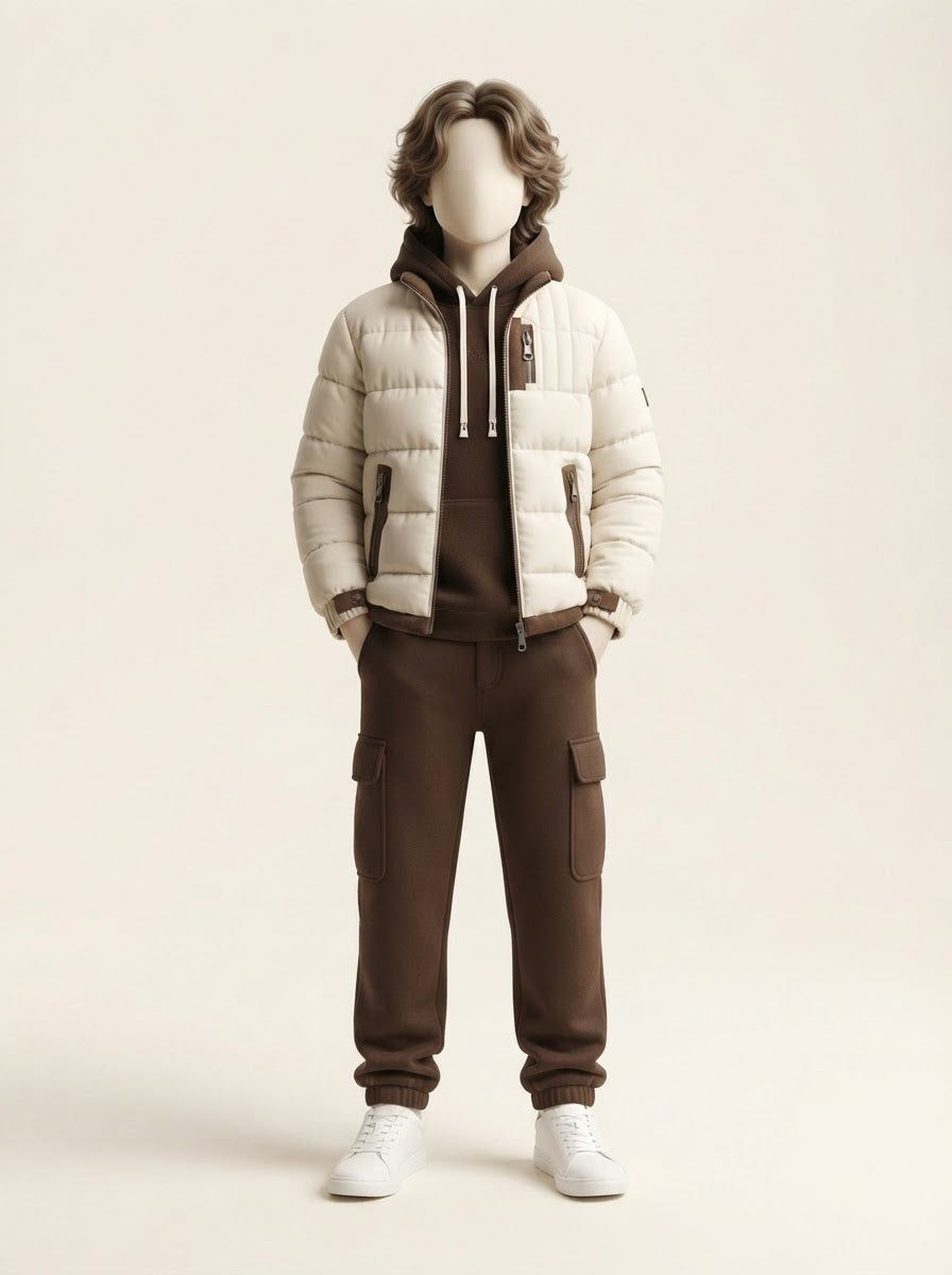Boys Fur Lined Brown Trim Puffer Jacket, Hoodie & Cargo Trouser 3-Piece Set - 10 to 16 Years