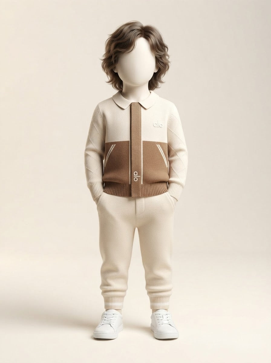 Baby Boys Cream & Brown Colorblock Collar Knit Jacket & Pant Set - 3 to 18 Months