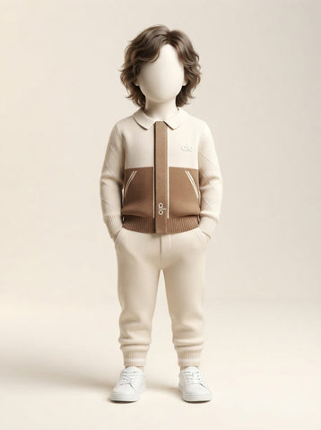 Baby Boys Cream & Brown Colorblock Collar Knit Jacket & Pant Set - 3 to 18 Months