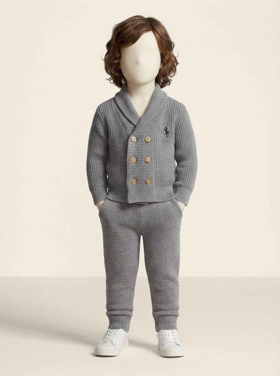 Baby Boys Grey Shawl Collar Double-Breasted Cardigan & Pant Set - 3 to 18 Months