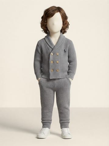 Baby Boys Grey Shawl Collar Double-Breasted Cardigan & Pant Set - 3 to 18 Months
