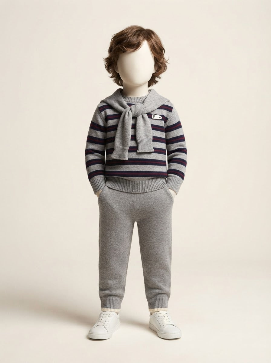 Baby Boys Grey Striped Sweater with Shoulder Tie & Pant Set - 3 to 18 Months