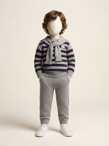 Baby Boys Grey Striped Sweater with Shoulder Tie & Pant Set - 3 to 18 Months