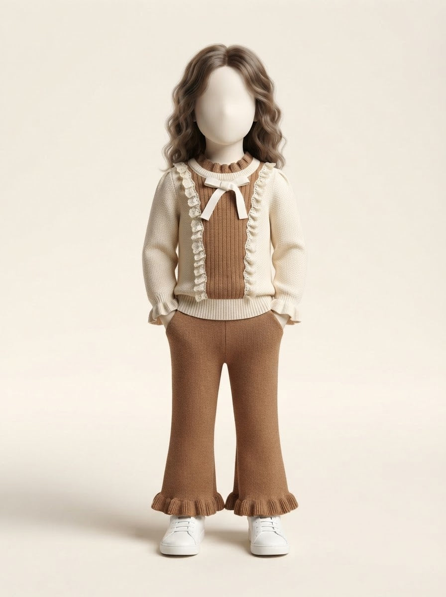 Baby Girls Cream & Brown Lace Ruffle Sweater & Flare Pant Set - 3 to 18 Months