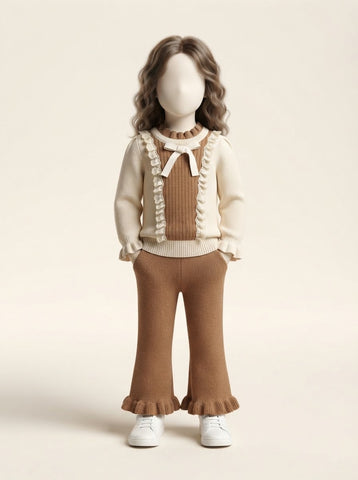 Baby Girls Cream & Brown Lace Ruffle Sweater & Flare Pant Set - 3 to 18 Months