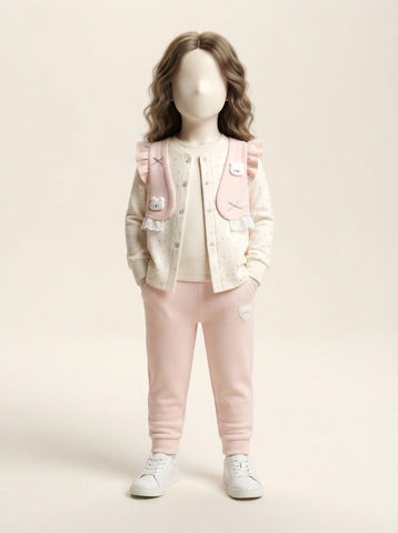 Baby Girls Bear Ruffle Vest Cardigan & Pant Set - 3 to 18 Months