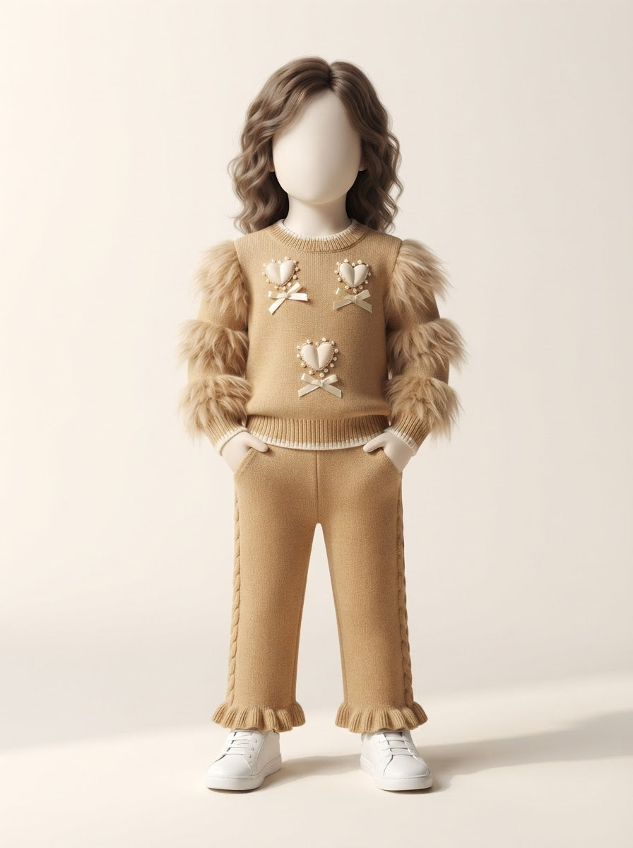 Baby Girls Camel Heart Fur Sleeve Sweater & Pant Set - 3 to 18 Months
