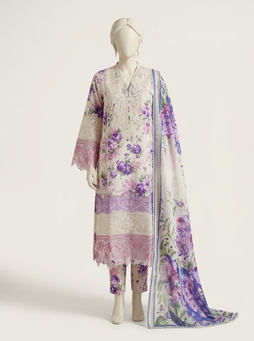 Women Lilac Floral Printed Lace Embroidered 3PC Suit