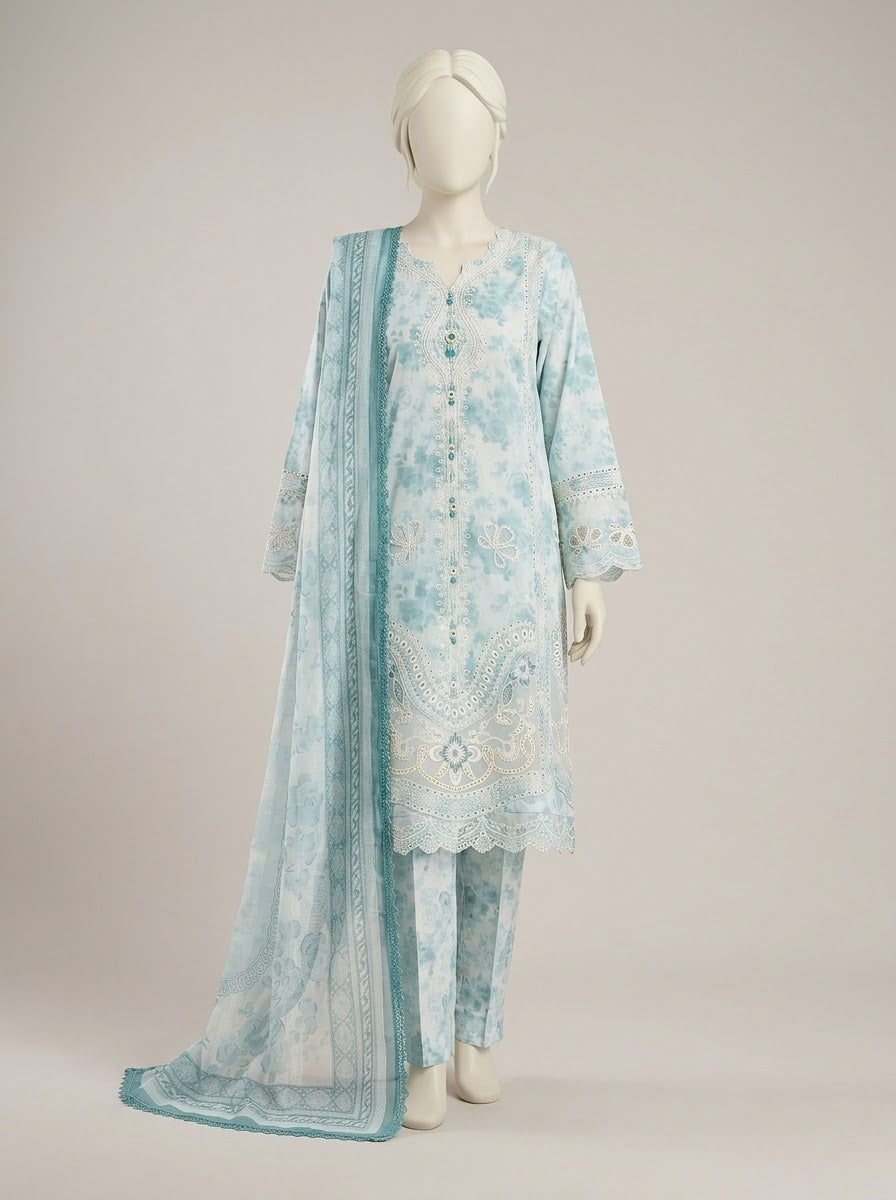 Women Ice Blue Printed Embroidered 3PC Suit