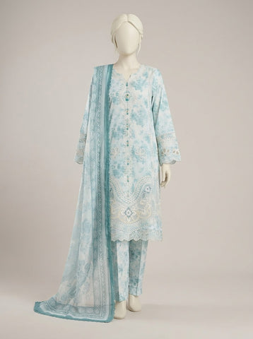 Women Ice Blue Printed Embroidered 3PC Suit