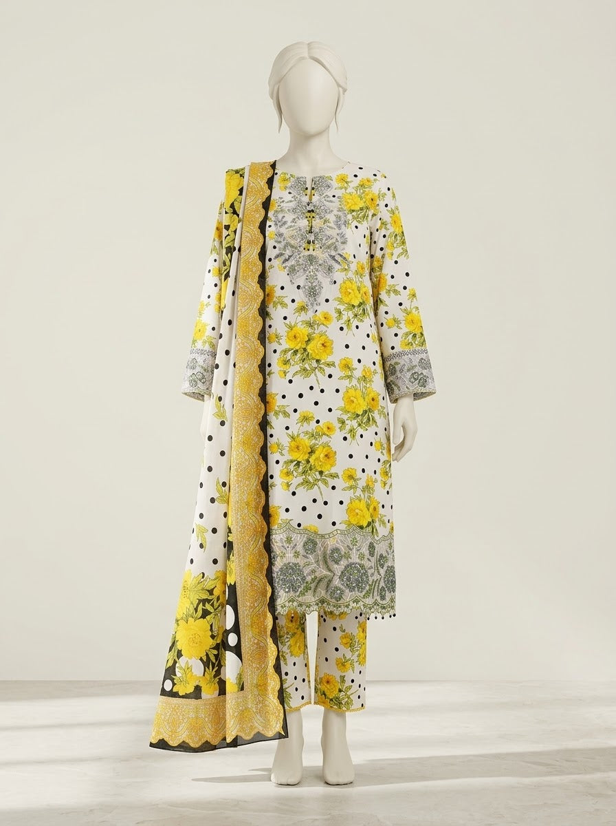 ZW016 - Women Yellow Floral Polka Dot Embroidered 3PC Suit