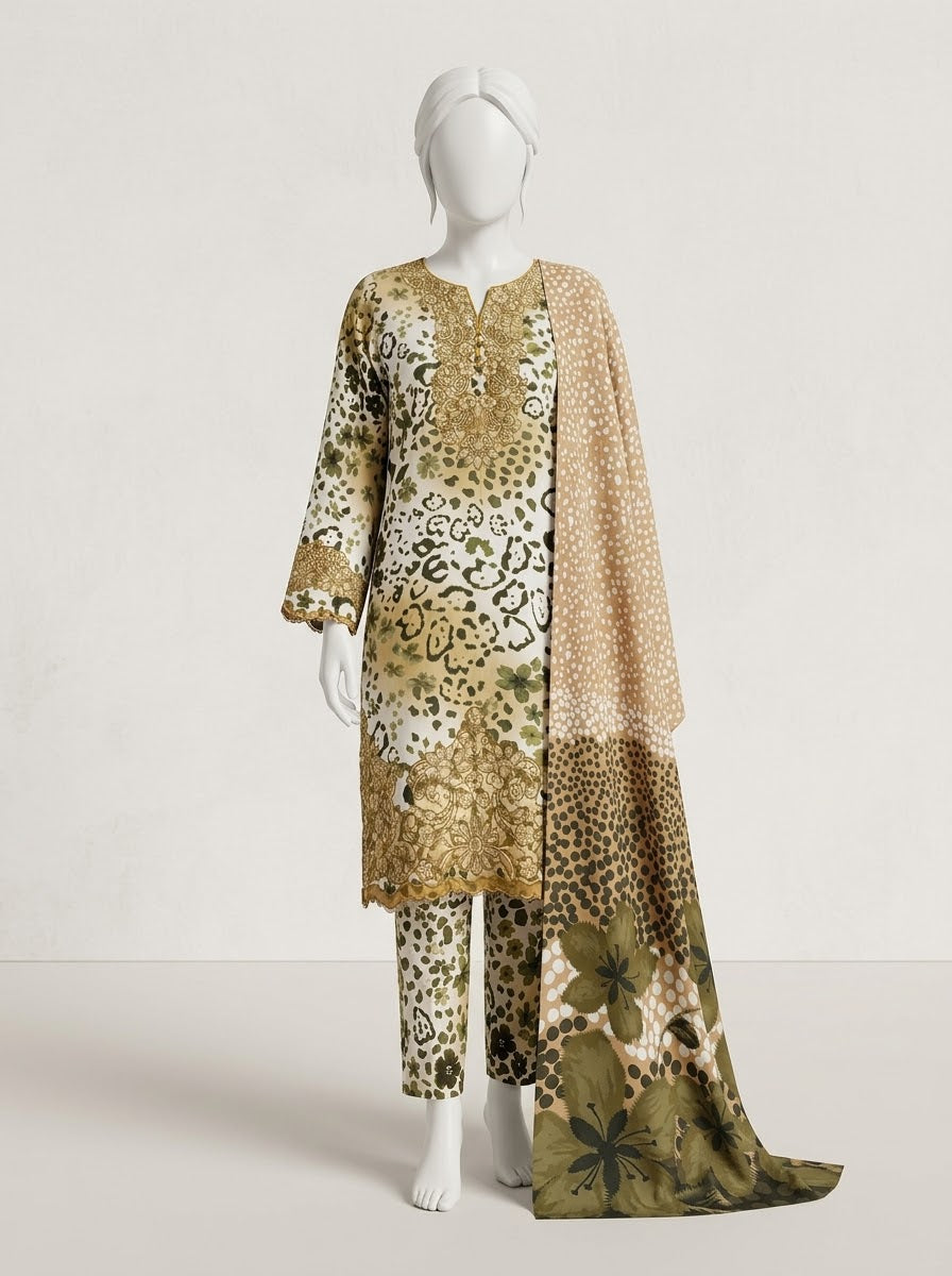 ZW017 - Women Olive Animal Print Embroidered 3PC Suit
