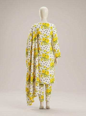 ZW016 - Women Yellow Floral Polka Dot Embroidered 3PC Suit