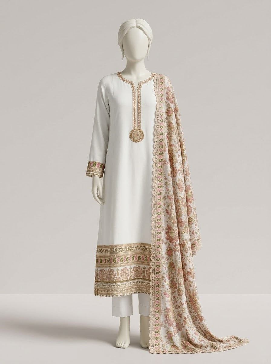 ZA105 - Women Embroidered 3PC Suit (White & Black)